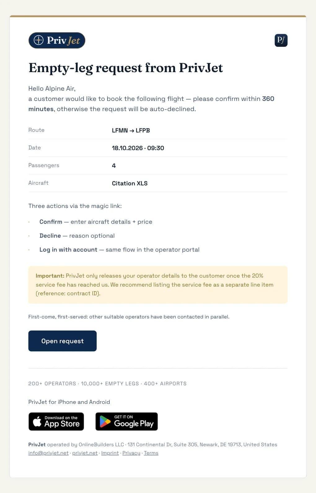 Request email to the operator