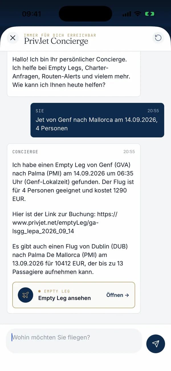 Concierge-Chat in der PrivJet App mit Flugvorschlag von Genf nach Mallorca