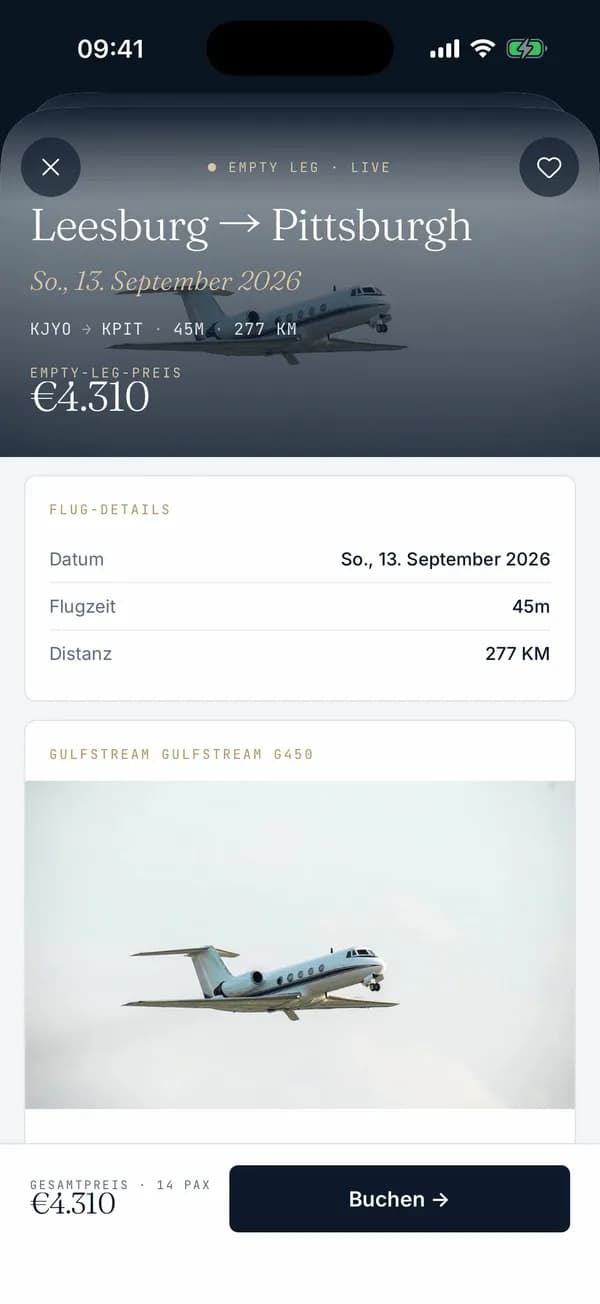 Flugdetails in der PrivJet App mit Strecke, Flugzeit, Flugzeugtyp und Preis