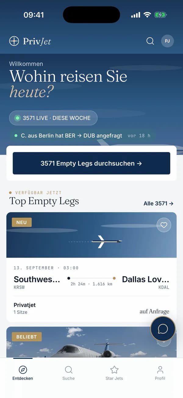 PrivJet App auf dem iPhone: Startseite mit aktuellen Empty Legs