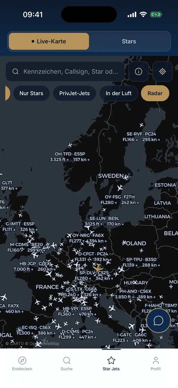 Live-Karte der PrivJet App mit Privatjets über Europa