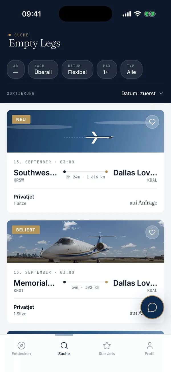 Suche in der PrivJet App: Empty Legs mit Strecke, Datum und Preis