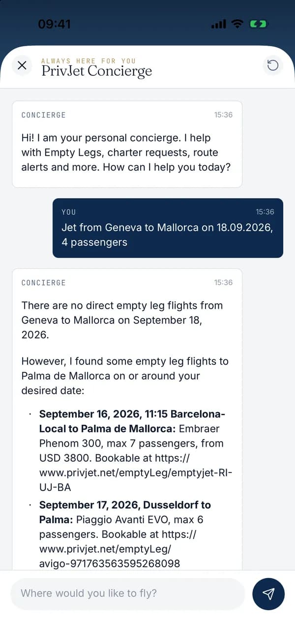 Concierge chat in the PrivJet app suggesting flights from Geneva to Mallorca