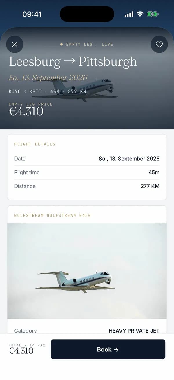 Flight details in the PrivJet app with route, flight time, aircraft and price