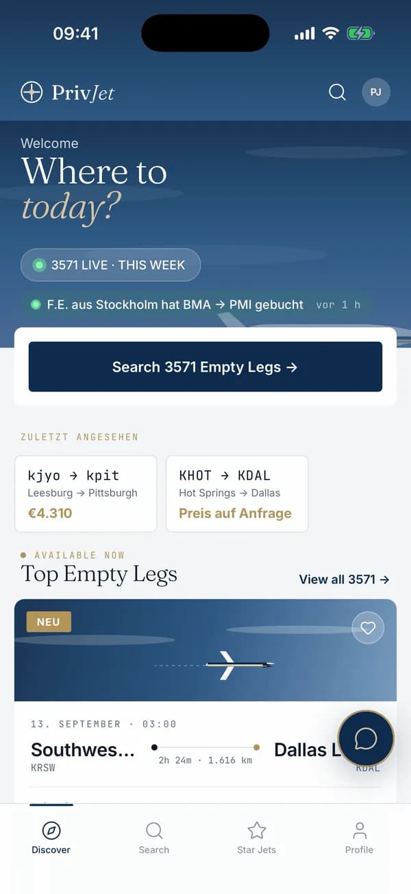 PrivJet app on iPhone: home screen with current empty legs