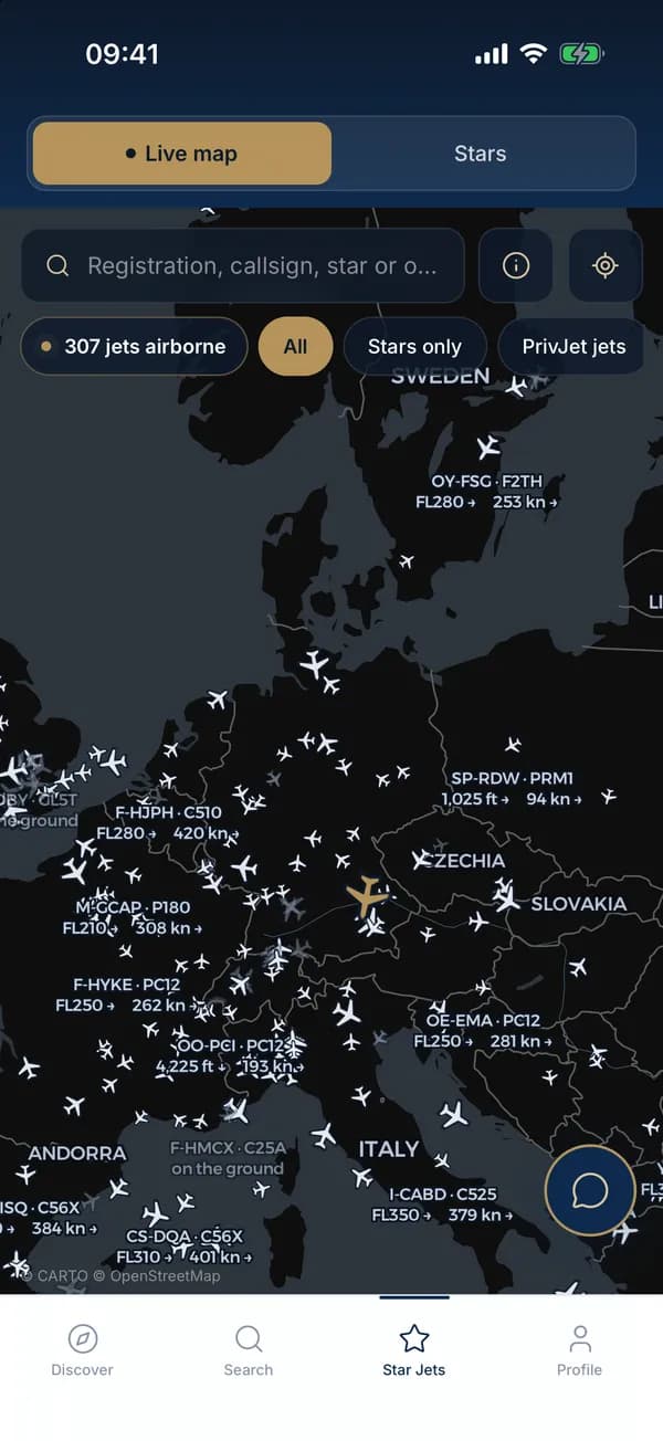 PrivJet app live map with private jets over Europe