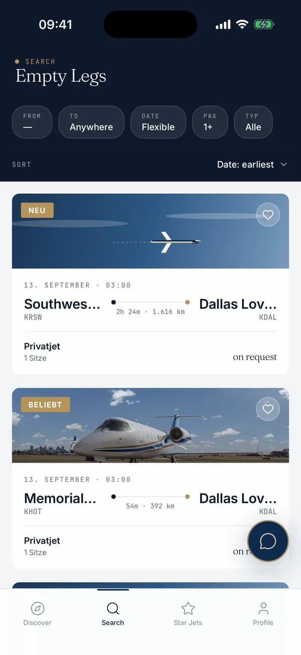 Search in the PrivJet app: empty legs with route, date and price