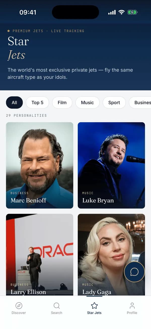 Star jets in the PrivJet app: private jets linked to celebrities