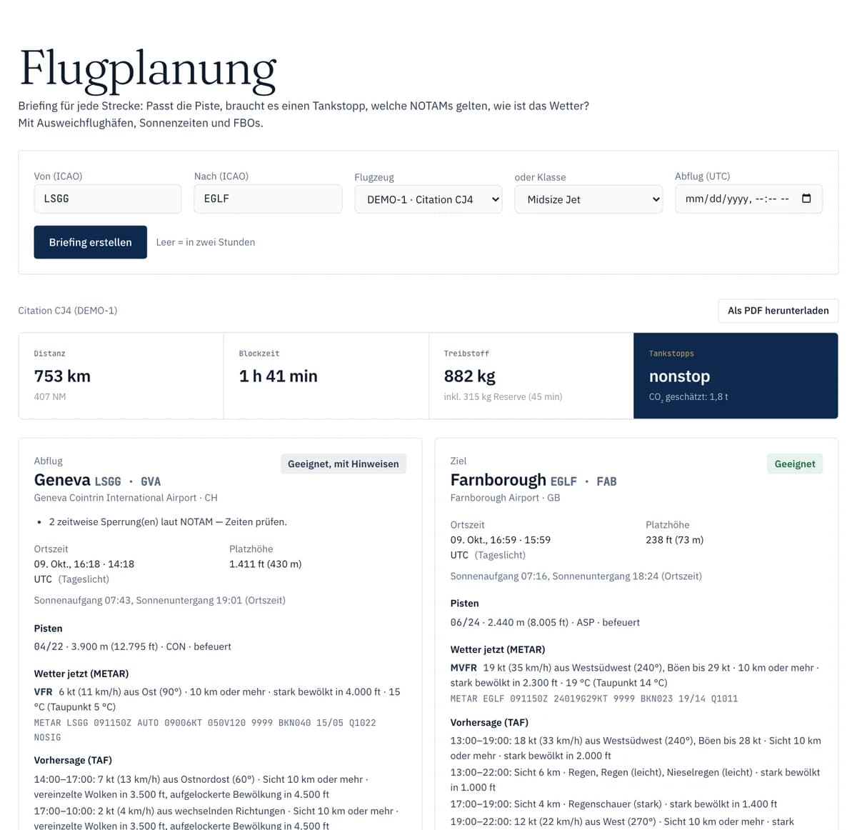 PrivJet Ops: Flugplanung mit Distanz, Blockzeit, Treibstoff, Pisten, METAR, TAF und NOTAMs