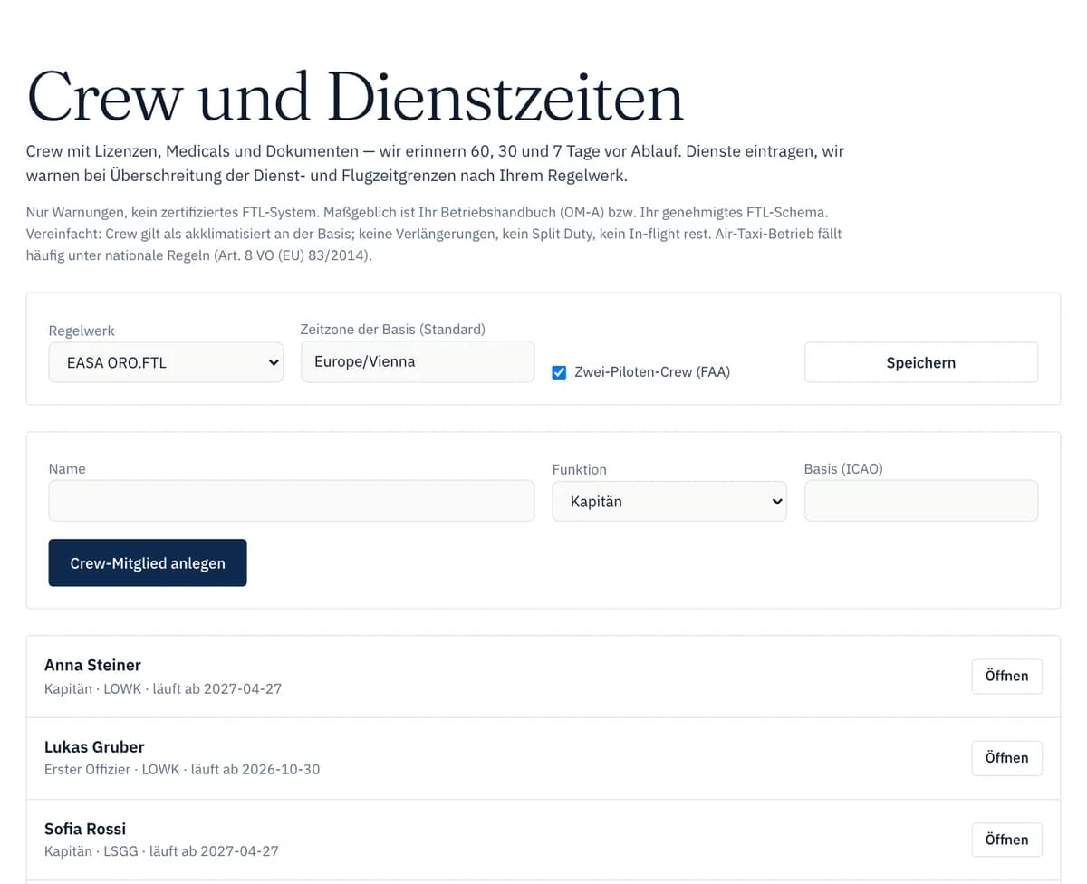 PrivJet Ops: Crew mit Rollen, Lizenzen, Medicals und Ablauf-Warnungen