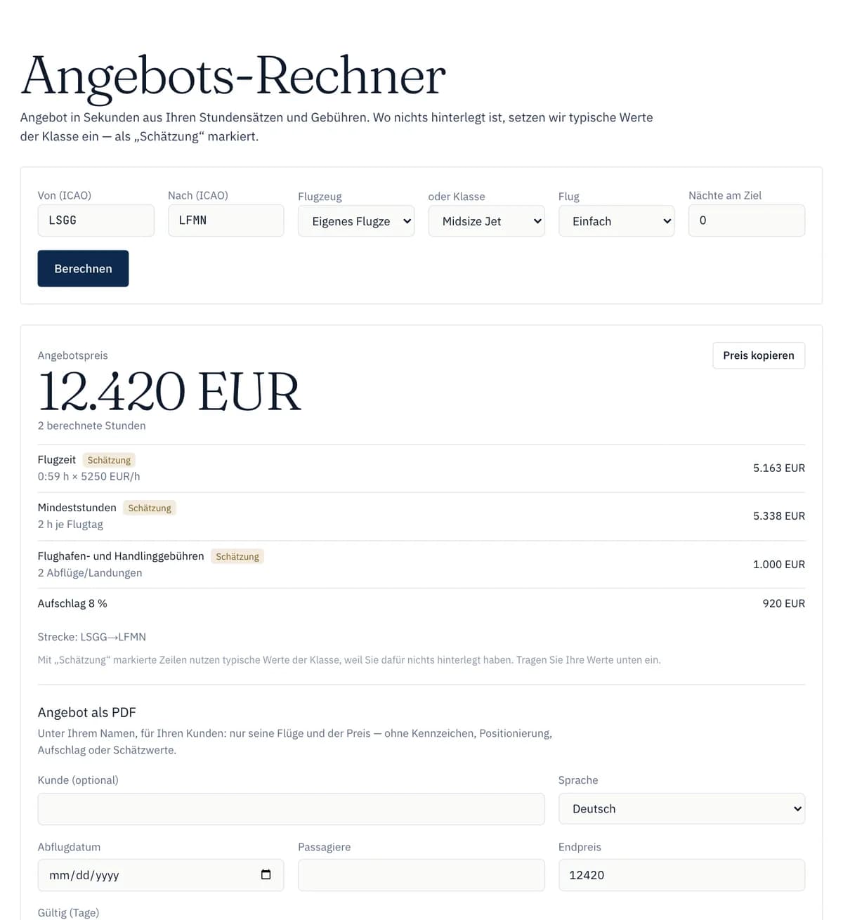 PrivJet Ops: Angebots-Rechner mit Blockzeit, Positionierung, Gebühren und Endpreis