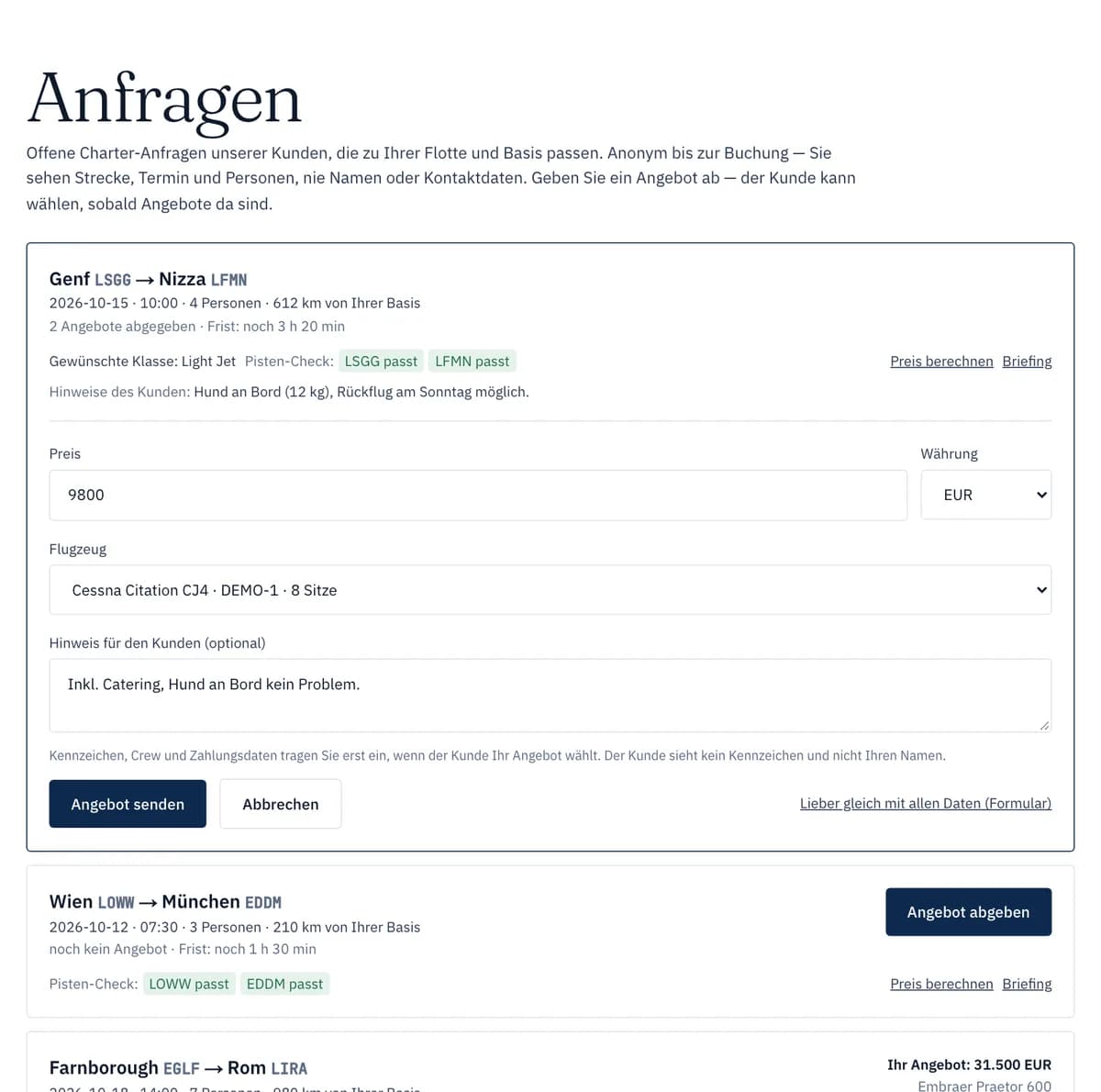 PrivJet Ops: Schnell-Angebot auf eine Charter-Anfrage mit Preis, Flugzeug und Hinweis