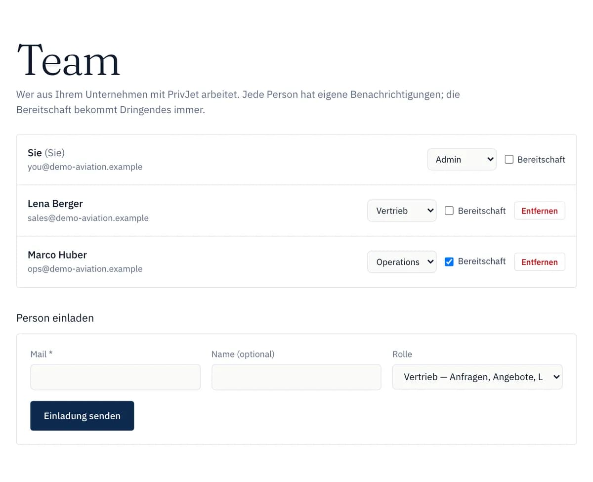 PrivJet Ops: Team mit Rollen Admin, Vertrieb, Operations und Nur-Lesen