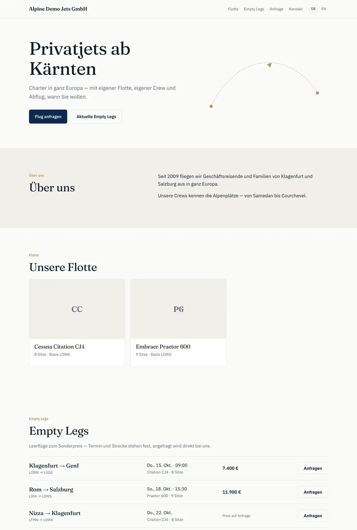 Operator-Webseite mit PrivJet Ops (Vorlage Editorial): Flotte, Empty Legs mit Preis und Anfrage-Knopf