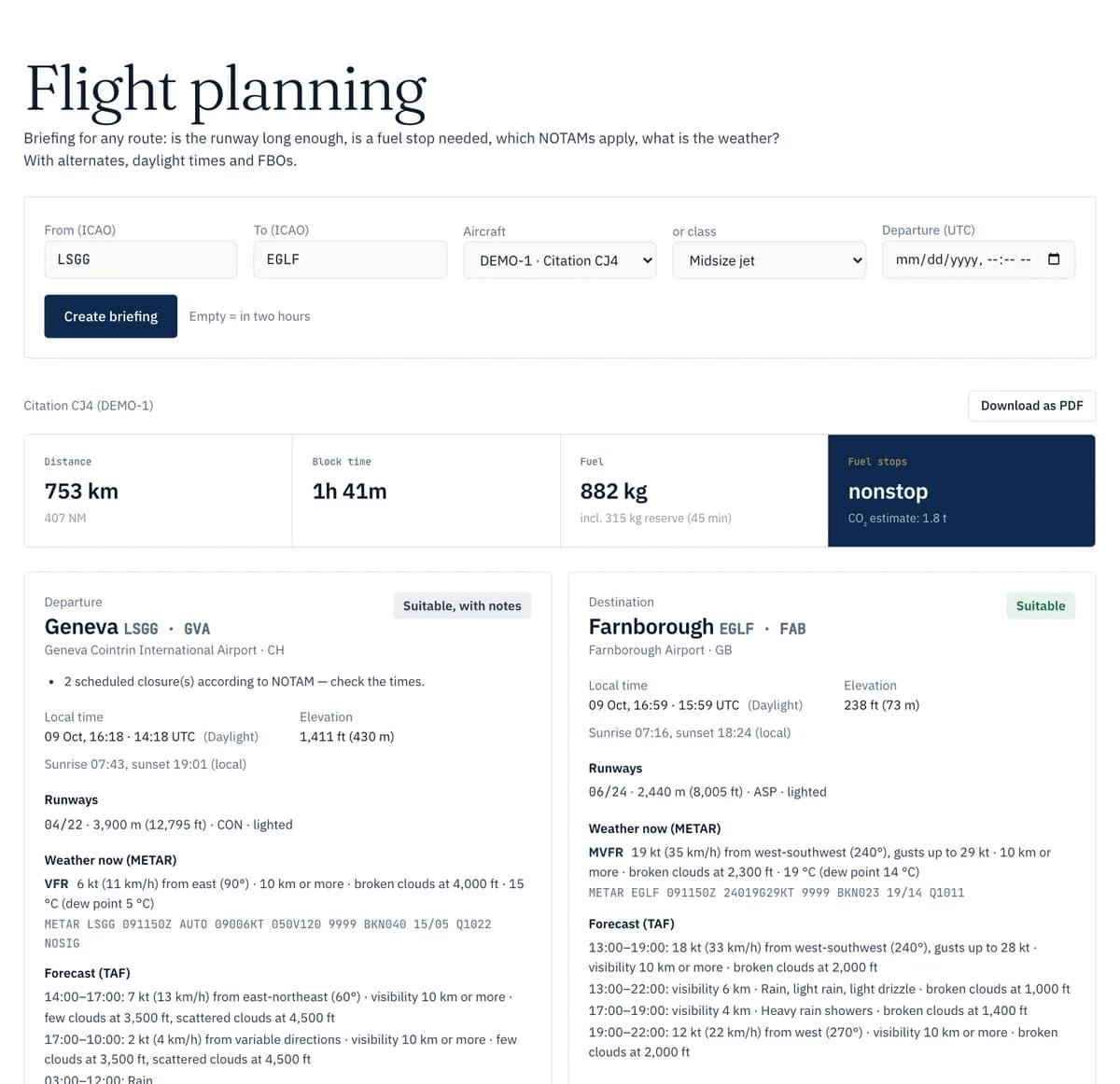 PrivJet Ops: flight briefing with distance, block time, fuel, runways, METAR, TAF and NOTAMs