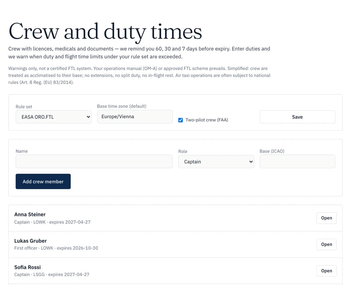 PrivJet Ops: crew with roles, licences, medicals and expiry warnings
