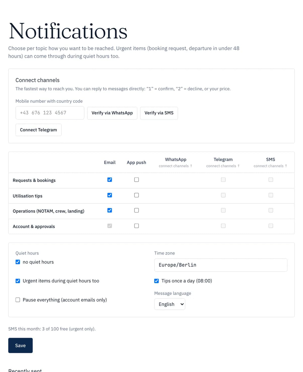 PrivJet Ops: notifications per event and channel with quiet hours
