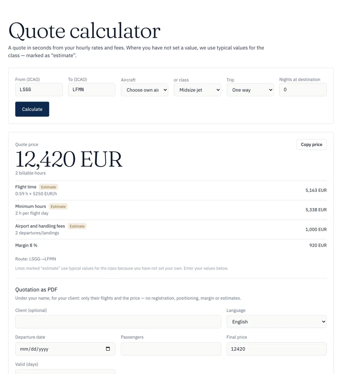 PrivJet Ops: quote calculator with block time, repositioning, fees and final price