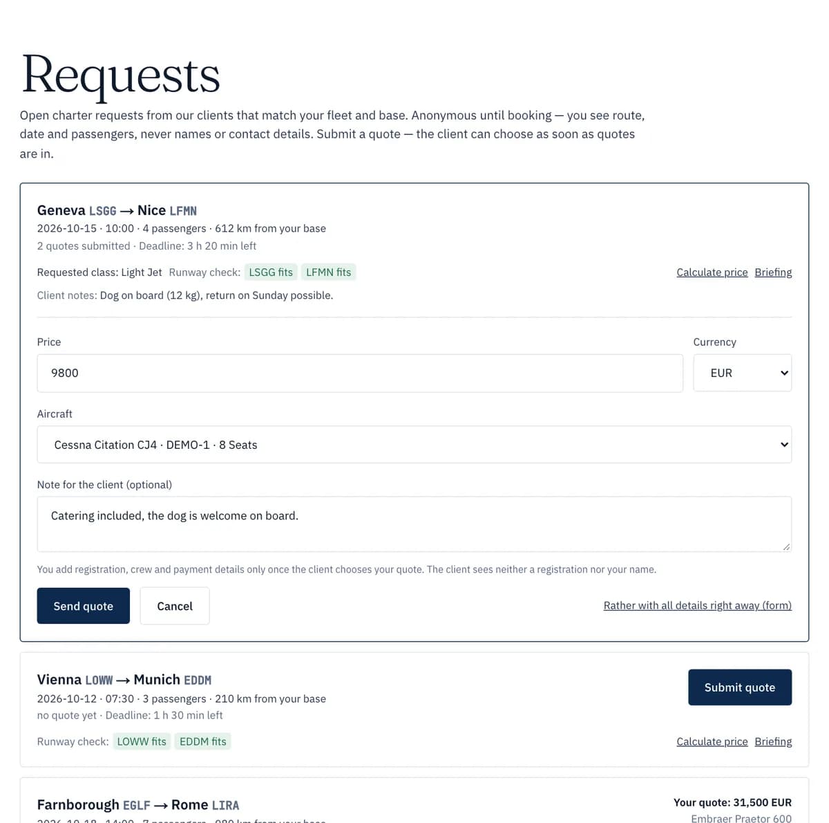 PrivJet Ops: quick quote on a charter request with price, aircraft and note