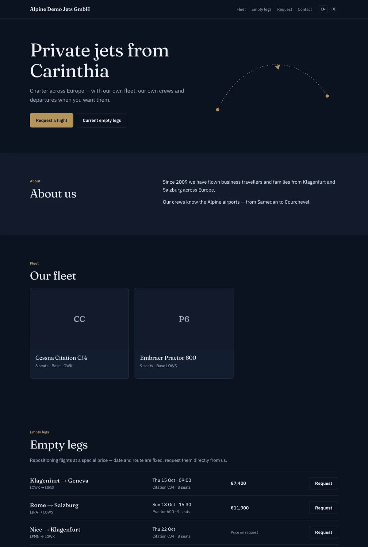 Operator website built with PrivJet Ops (Midnight template, dark)