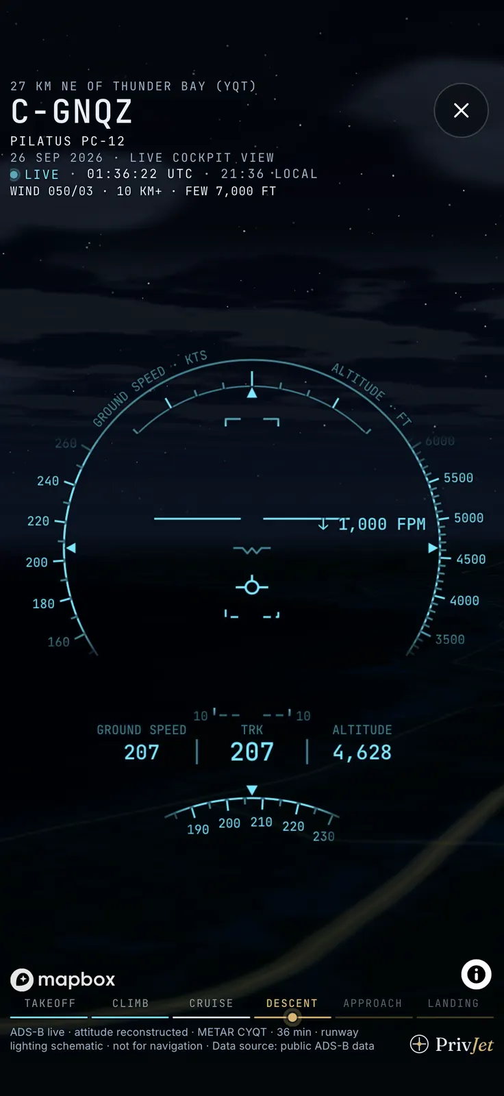 Cockpit view in the PrivJet app: Pilatus PC-12 descending near Thunder Bay, live