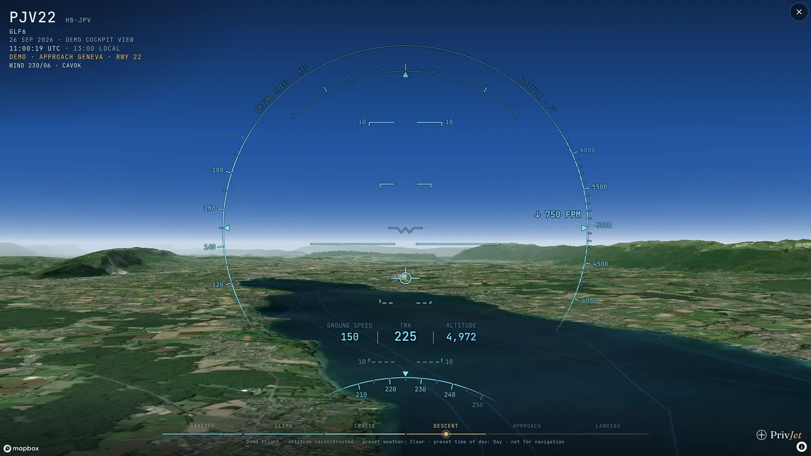 Demo: Descent over Lake Geneva in CAVOK weather