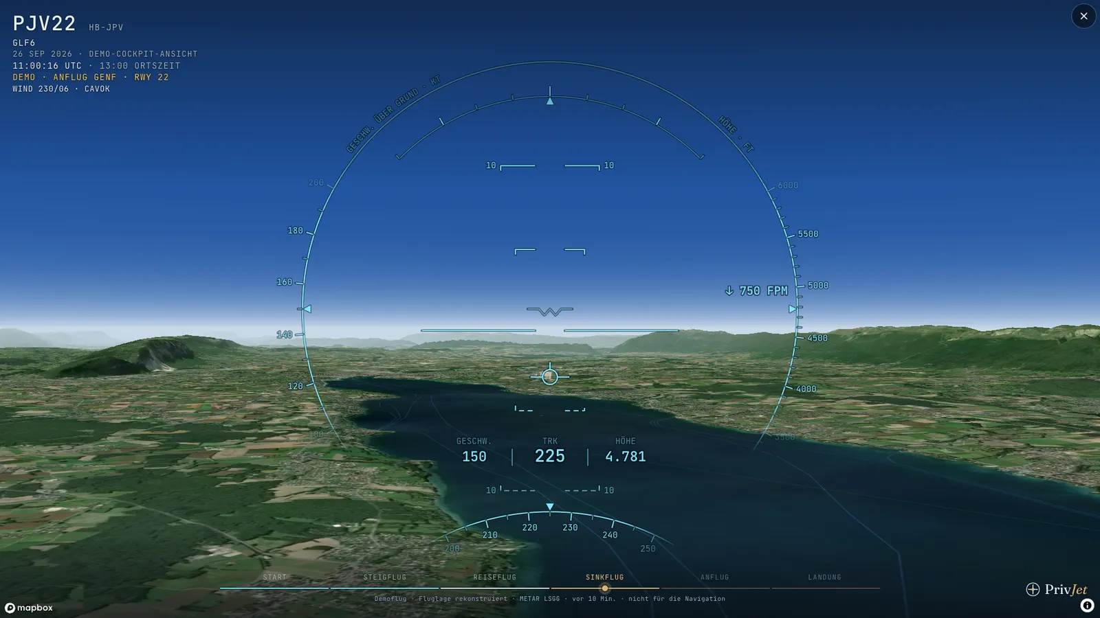 Demo: Sinkflug über dem Genfersee bei CAVOK