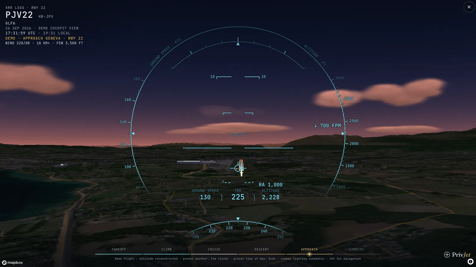 Demo: Approach to Geneva runway 22 at dusk