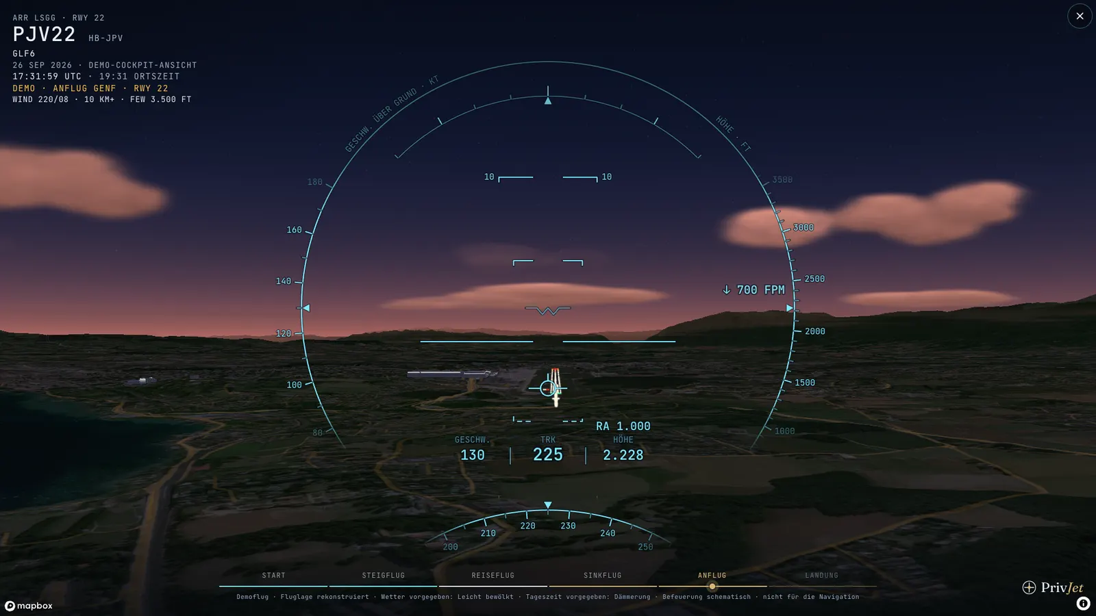 Demo: Anflug Genf, Piste 22, in der Dämmerung
