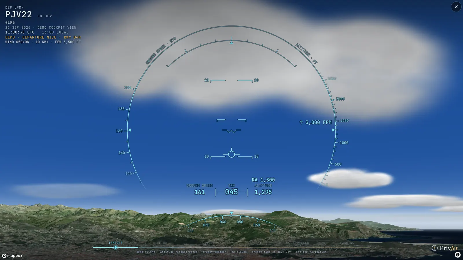 Demo: Climbing out of Nice, clouds ahead