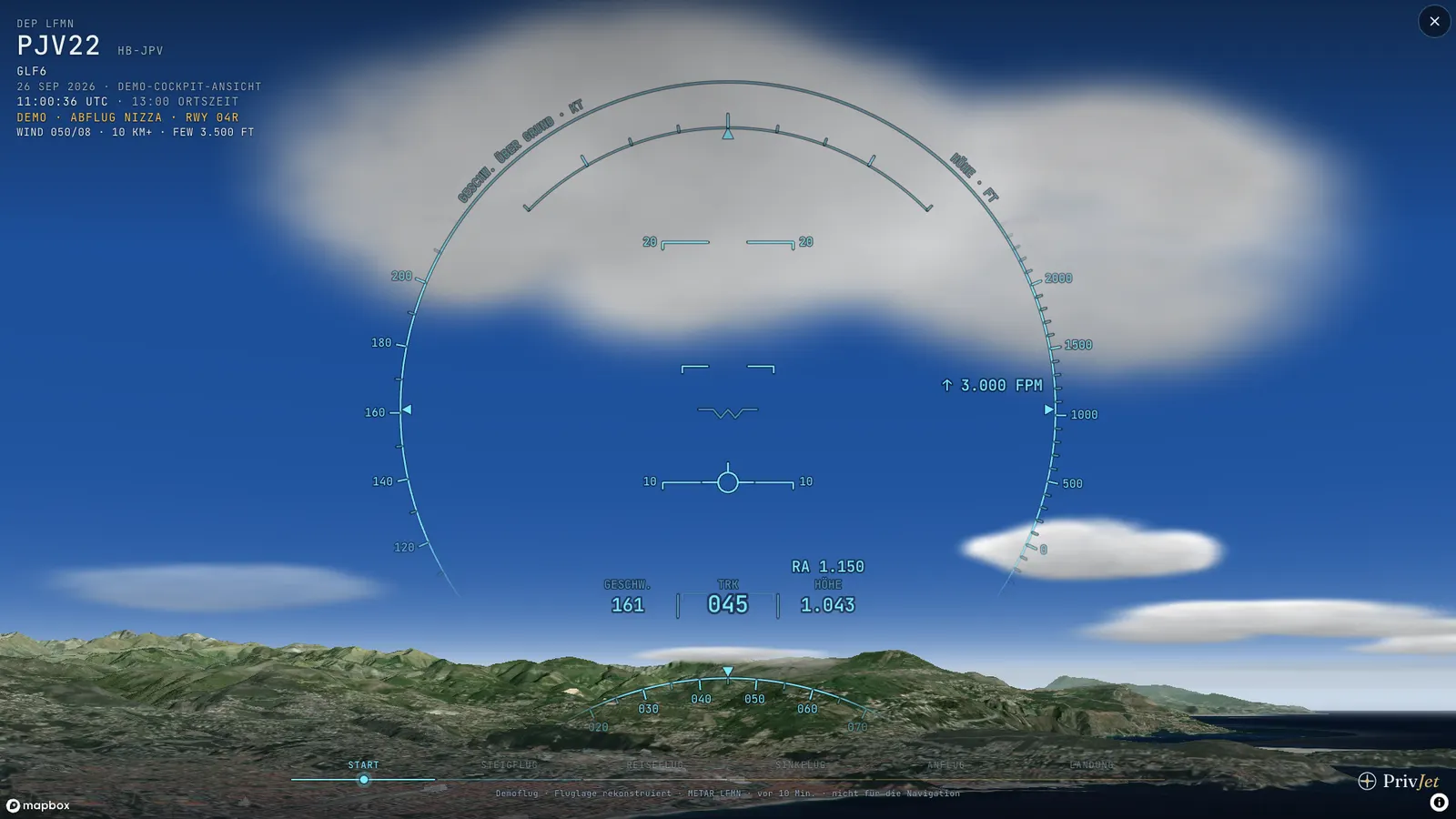 Demo: Steigflug nach dem Start in Nizza, Wolken voraus