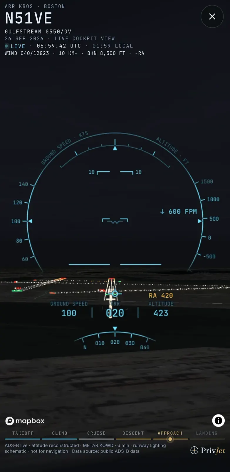 Live cockpit view on iPhone, night landing in Boston: 420 ft above ground – runway ahead
