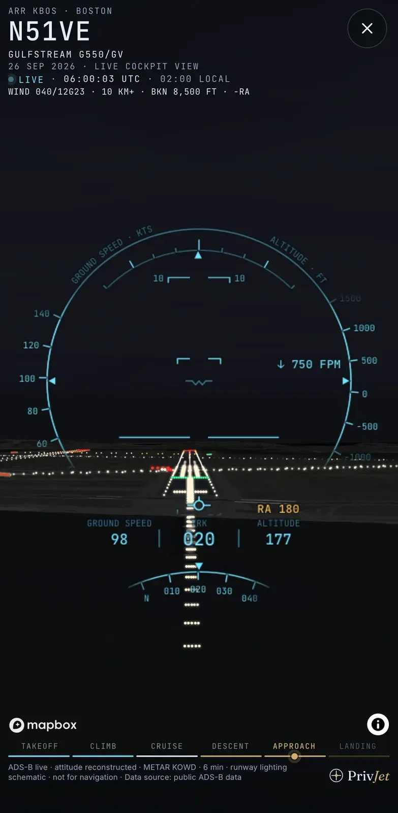 Live cockpit view on iPhone, night landing in Boston: 180 ft – through the approach lights