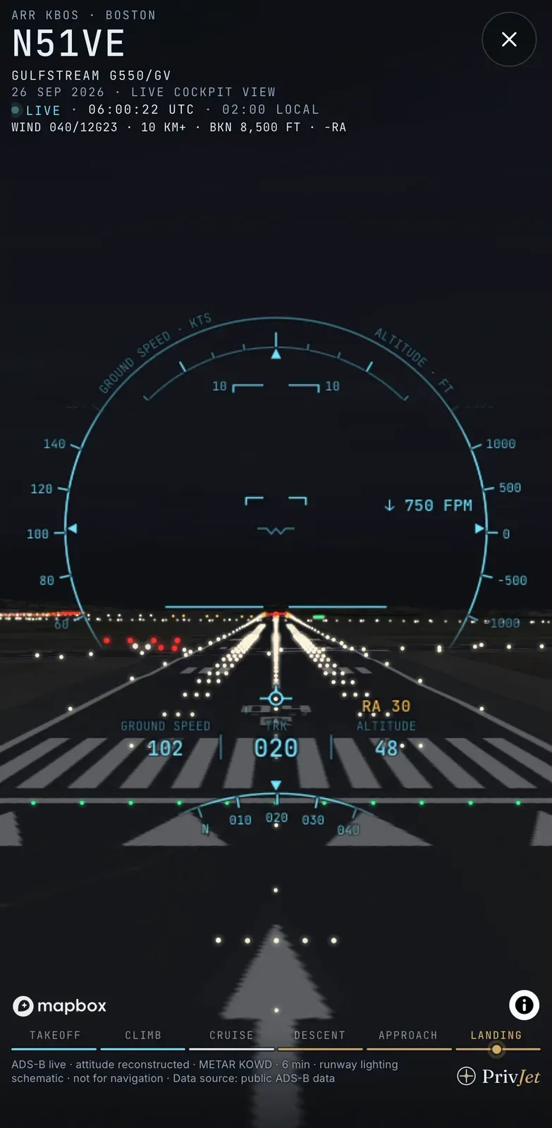 Live cockpit view on iPhone, night landing in Boston: 30 ft – over the threshold