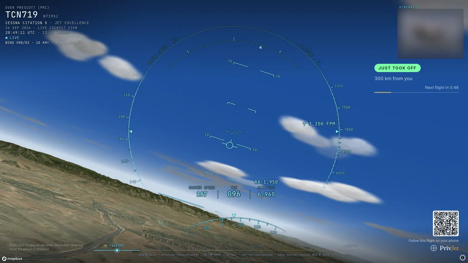Live: TV mode: climb-out over Prescott, Arizona