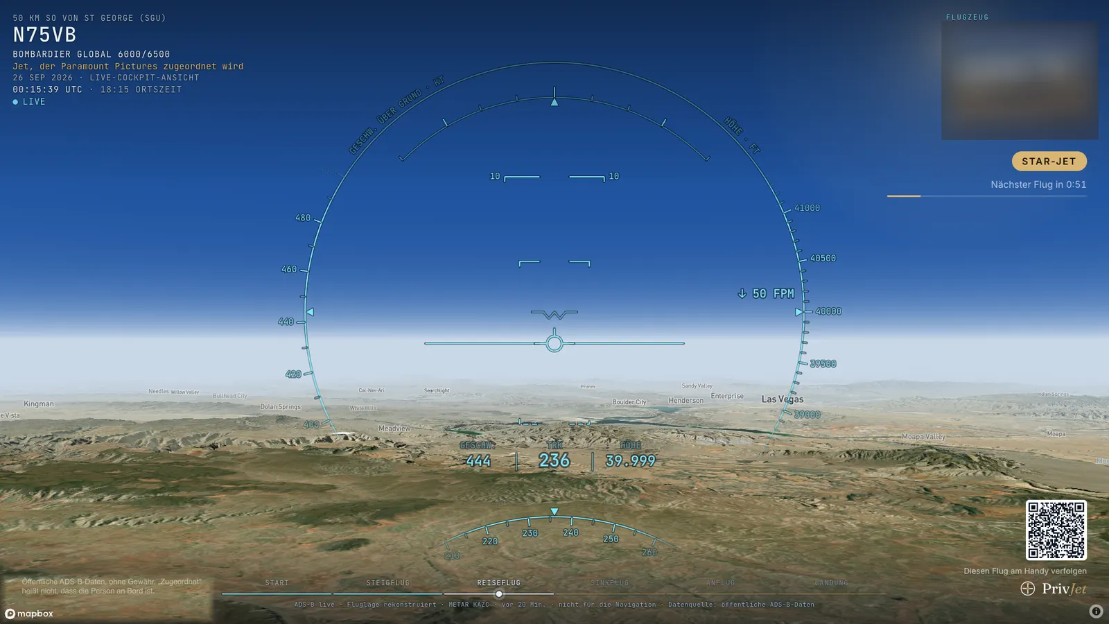 Live: TV-Modus: Reiseflug mit Blick auf Las Vegas, Jet einem Filmstudio zugeordnet